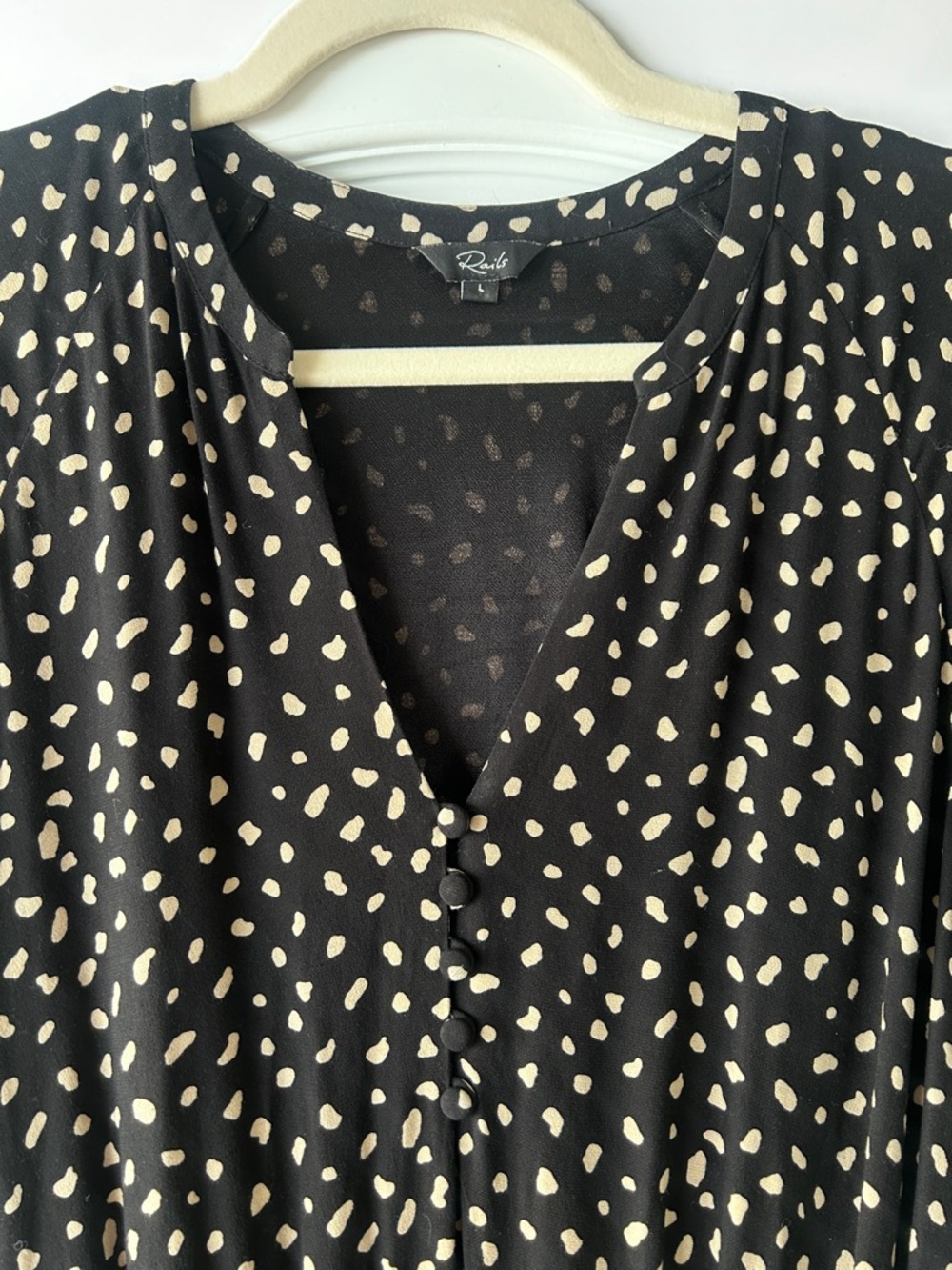 Rails Black and Cream Dot V-Neck Dress L Front Buttons